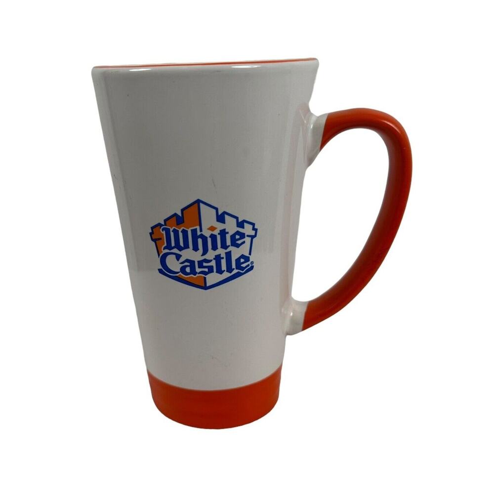 White Castle Tall Blue & Orange Ceramic Coffee Mug 6”